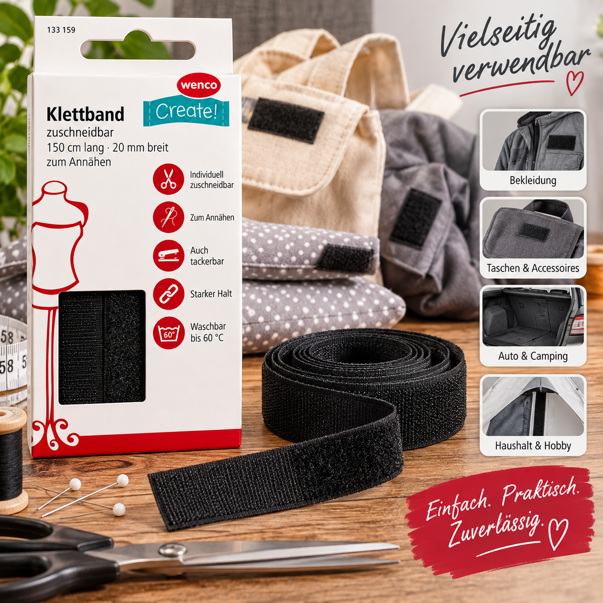 Wenco Klettband 150cm x 20mm Schwarz zum Annähen zuschneidbar 100% Polyamid