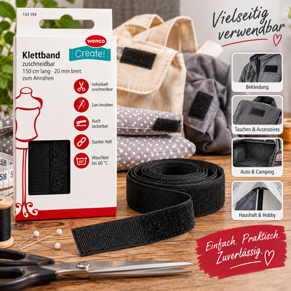 Wenco Klettband 150cm x 20mm Schwarz zum Annähen zuschneidbar 100% Polyamid