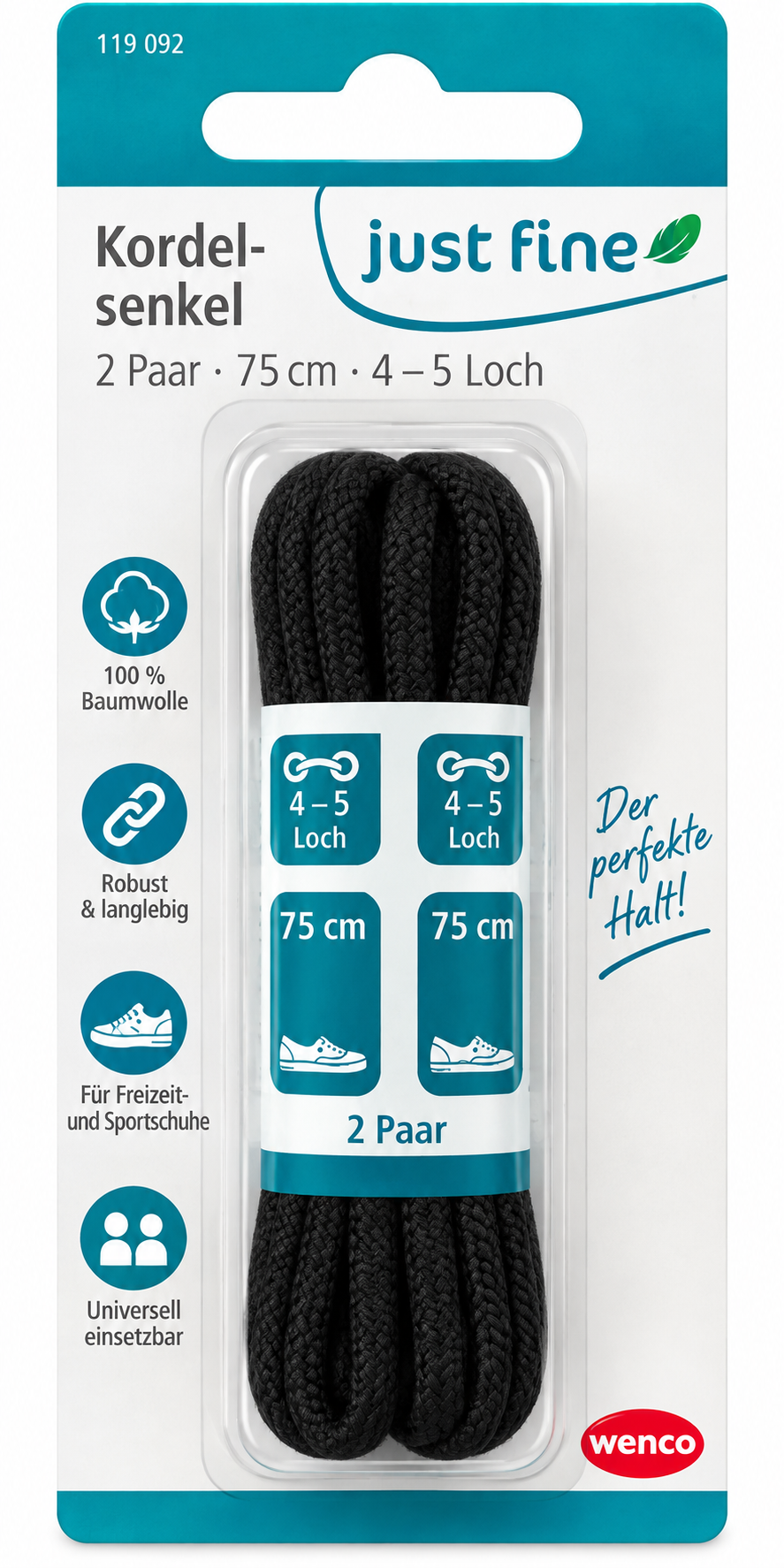 Just Fine Schnürsenkel 75 cm Schwarz 2 Paar Kordelsenkel Baumwolle Rund