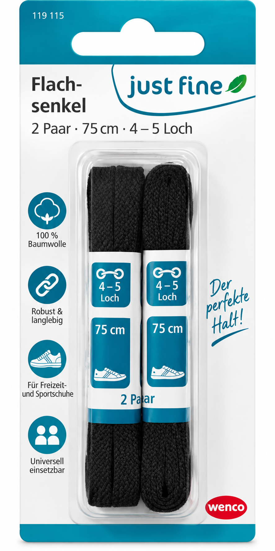 Just Fine Schnürsenkel 75 cm Schwarz 2 Paar Flach Baumwolle 4-5 Loch