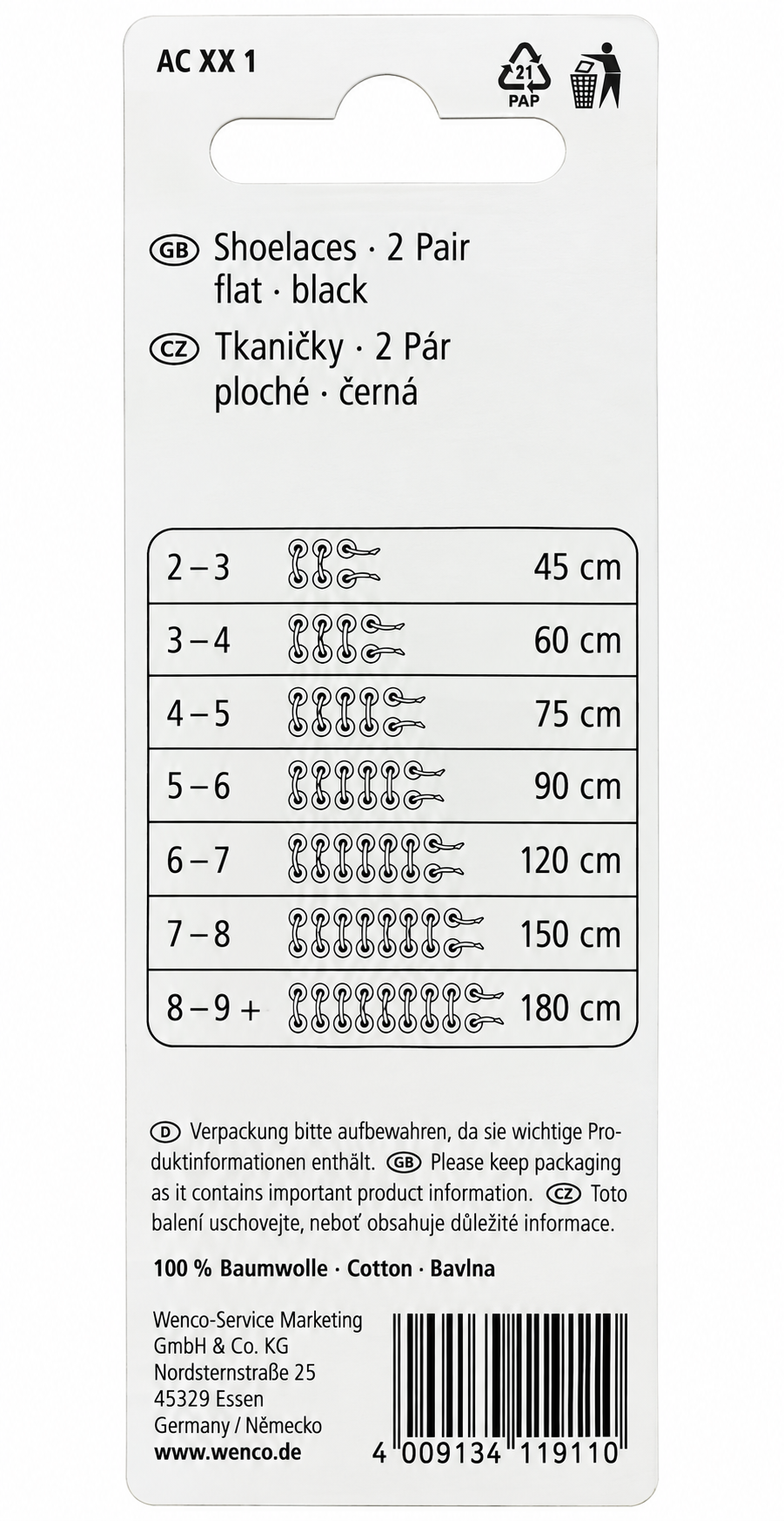 Just Fine Schnürsenkel 75 cm Schwarz 2 Paar Flach Baumwolle 4-5 Loch