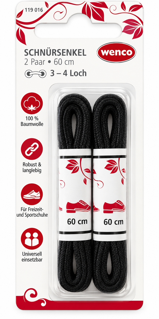 Wenco Schnürsenkel 60 cm Schwarz 2 Paar Rund Baumwolle 3-4 Loch