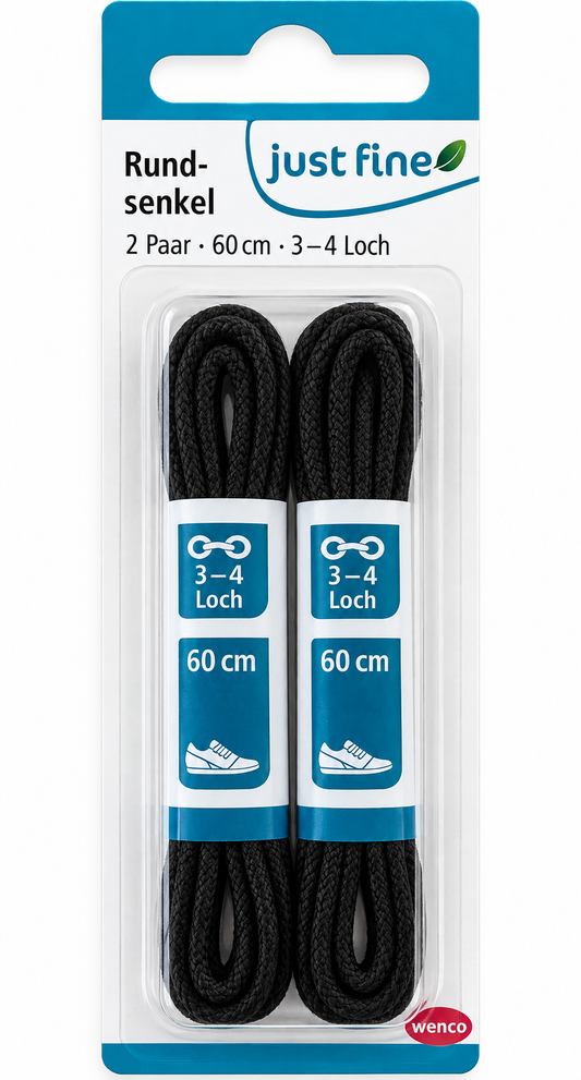 Just Fine Schnürsenkel 60 cm Schwarz 2 Paar Rund Baumwolle 3-4 Loch