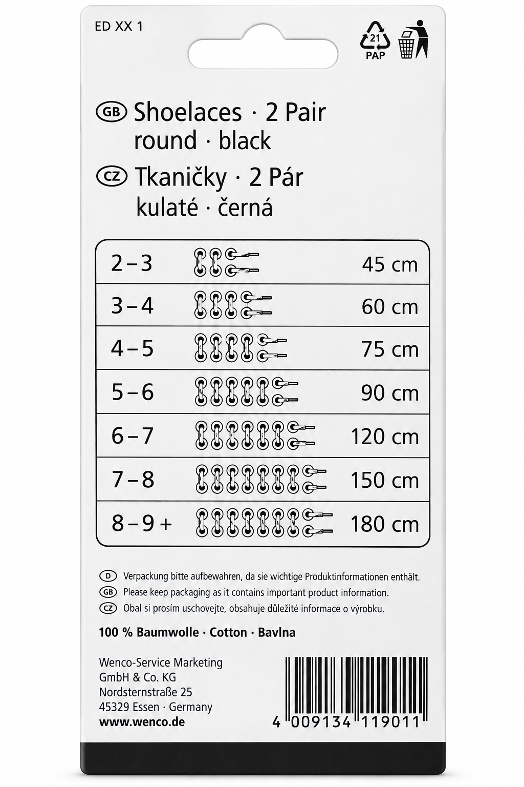 Just Fine Schnürsenkel 60 cm Schwarz 2 Paar Rund Baumwolle 3-4 Loch