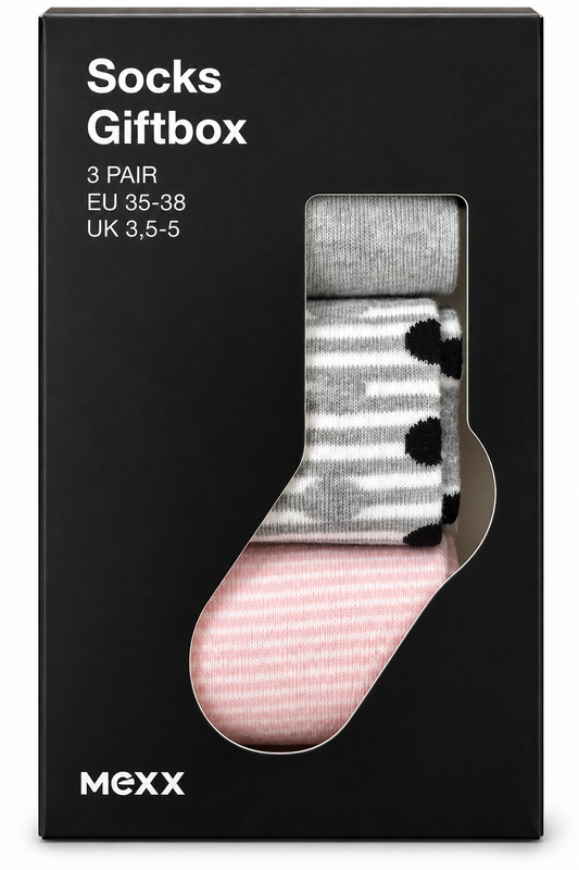 MEXX Damen Socken 3 Paar Gr. 35-38 Grau Rosa Punkte Streifen