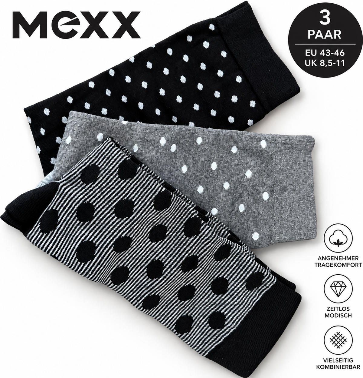 MEXX Herren Socken 3 Paar Gr. 43-46 Schwarz Grau Punkte Streifen