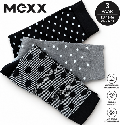 MEXX Herren Socken 3 Paar Gr. 43-46 Schwarz Grau Punkte Streifen