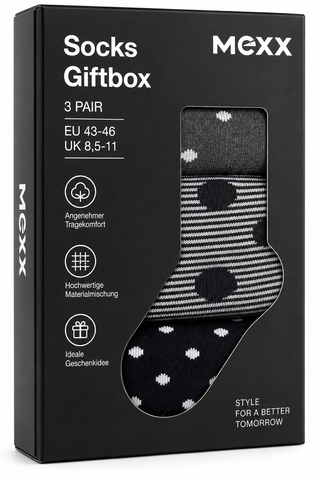 MEXX Herren Socken 3 Paar Gr. 43-46 Schwarz Grau Punkte Streifen