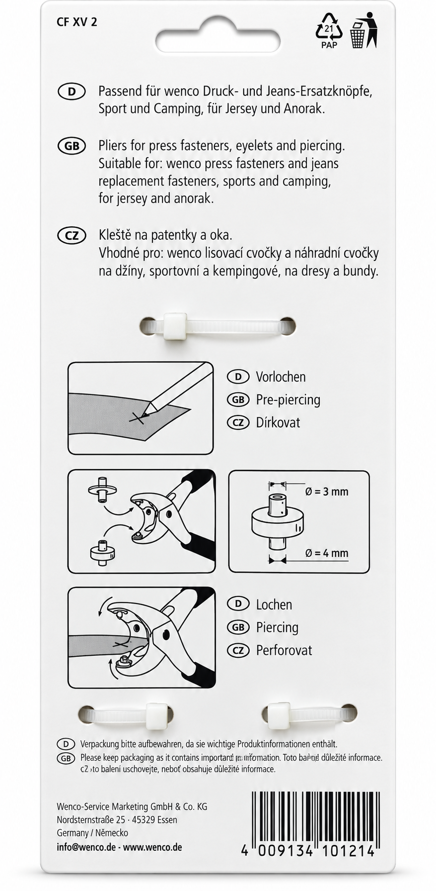 Wenco Create Multizange Druckknopfzange Ösenzange Jeans Druckknöpfe 101219