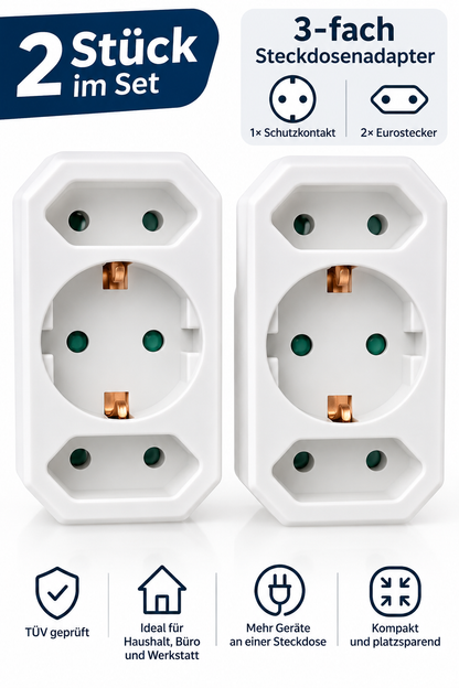 Steckdosenadapter 2 Stück Weiß Schuko Mehrfachstecker 3-fach