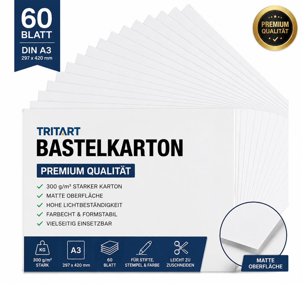 TRITART A3 300 g/m² – 60 Blatt festes Bastelpapier – Zeichenpapier für Bastelarbeiten und Malerei – Zeichenkarten, DIY, Origami, Schulaufgaben, Hochzeitskarten – Weiß