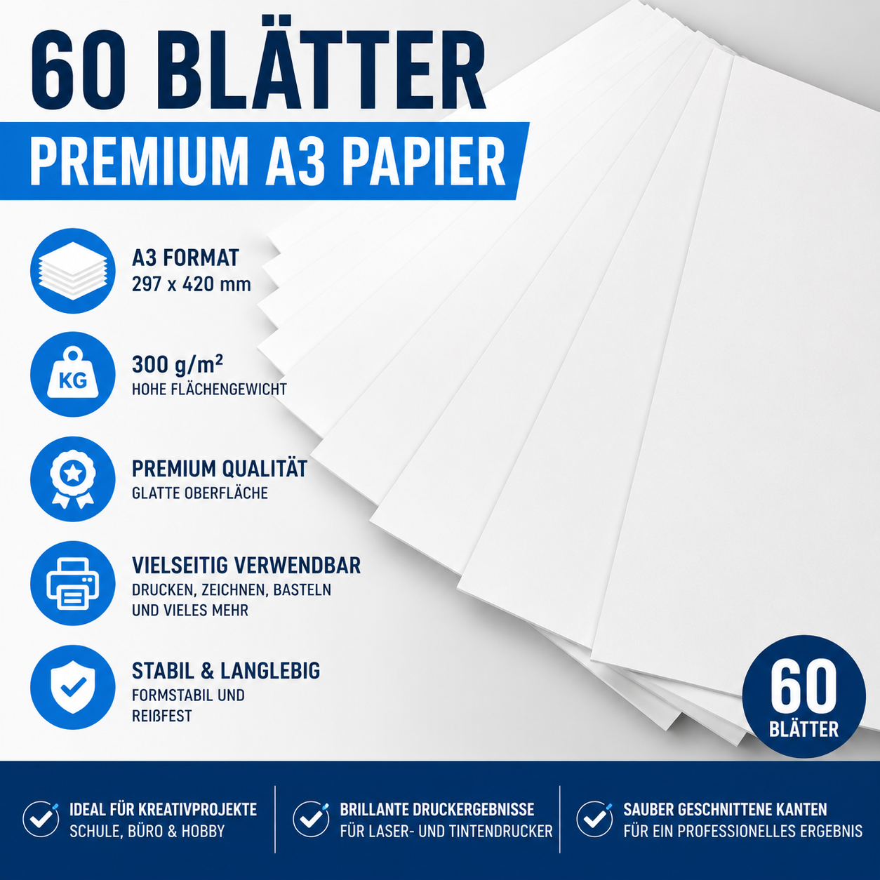 TRITART A3 300 g/m² – 60 Blatt festes Bastelpapier – Zeichenpapier für Bastelarbeiten und Malerei – Zeichenkarten, DIY, Origami, Schulaufgaben, Hochzeitskarten – Weiß