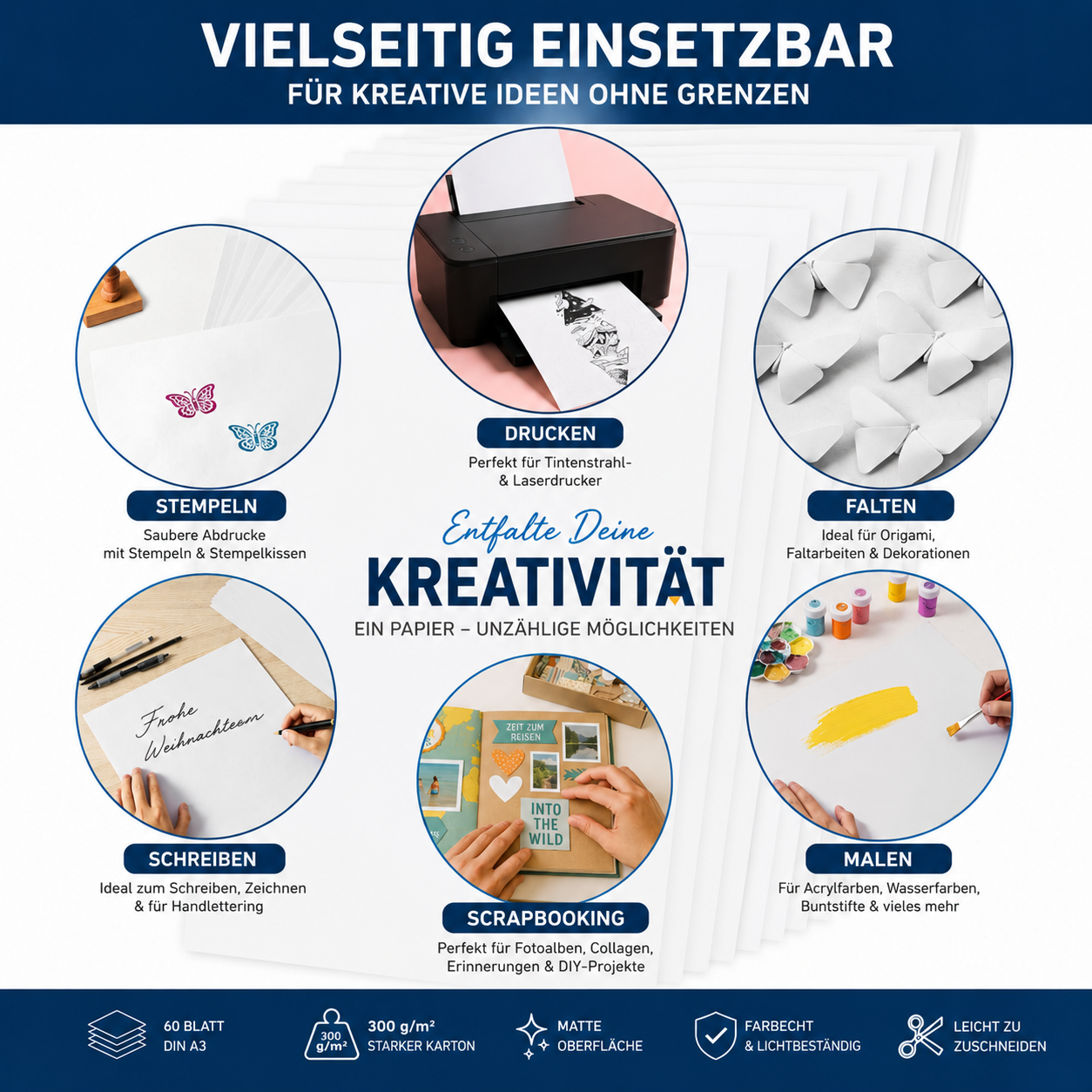 TRITART A3 300 g/m² – 60 Blatt festes Bastelpapier – Zeichenpapier für Bastelarbeiten und Malerei – Zeichenkarten, DIY, Origami, Schulaufgaben, Hochzeitskarten – Weiß