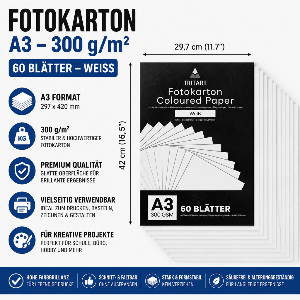 TRITART A3 300 g/m² – 60 Blatt festes Bastelpapier – Zeichenpapier für Bastelarbeiten und Malerei – Zeichenkarten, DIY, Origami, Schulaufgaben, Hochzeitskarten – Weiß