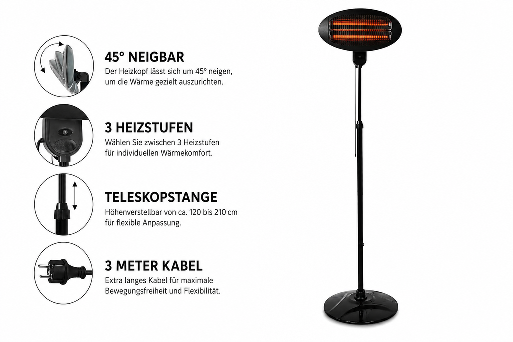 Baby Heizstrahler 2000W Wickeltisch Wärmestrahler Standfuß 3 Stufen IPX4 XXL