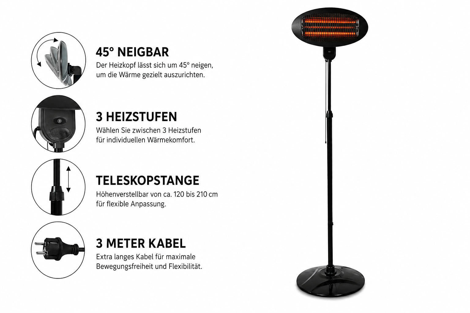 Baby Heizstrahler 2000W Wickeltisch Wärmestrahler Standfuß 3 Stufen IPX4 XXL