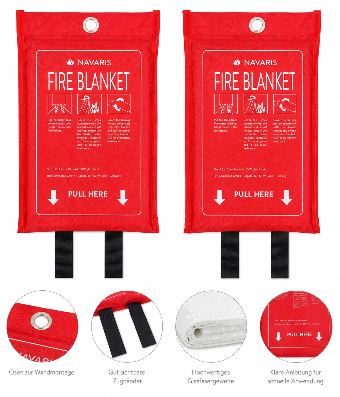 Navaris Löschdecke 2er Set Feuerlöschdecke Glasfaser 120x120cm Küche Auto