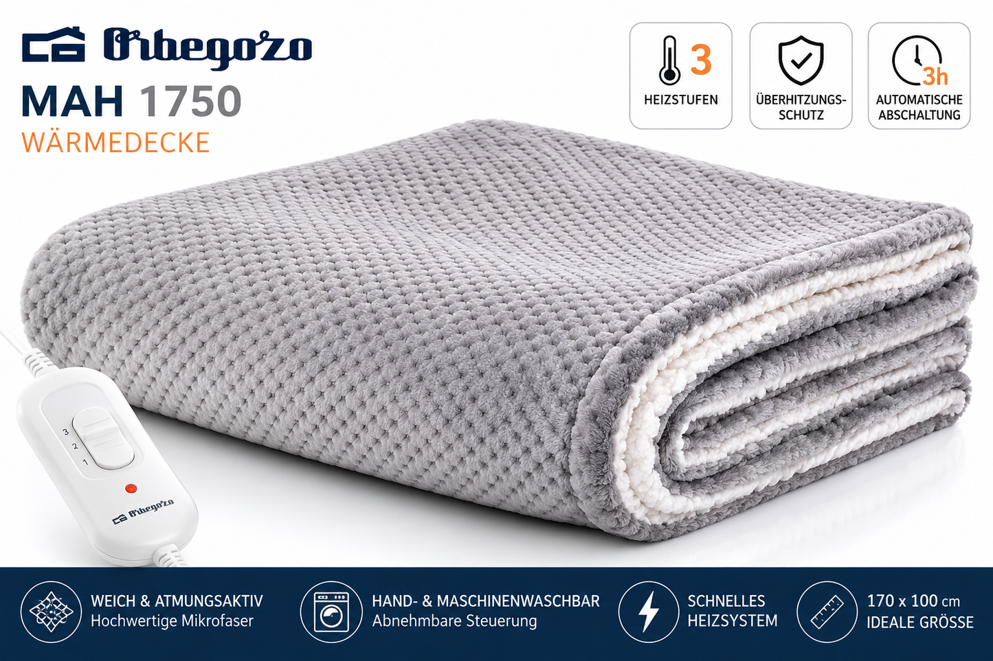 Orbegozo MAH 1750 Wärmedecke 170x100cm Elektrisch 120W 3 Heizstufen Grau