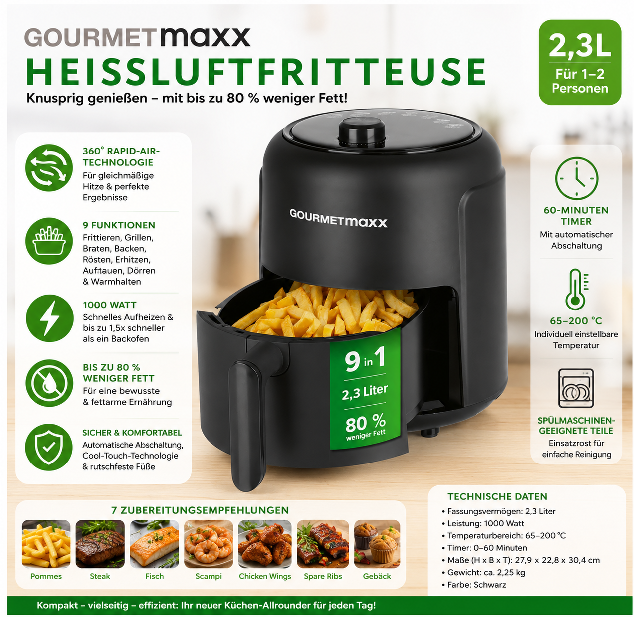 Gourmetmaxx Heissluft-FritteuseGOURMETmaxx Heißluftfritteuse 2,3L 1000W Air Fryer