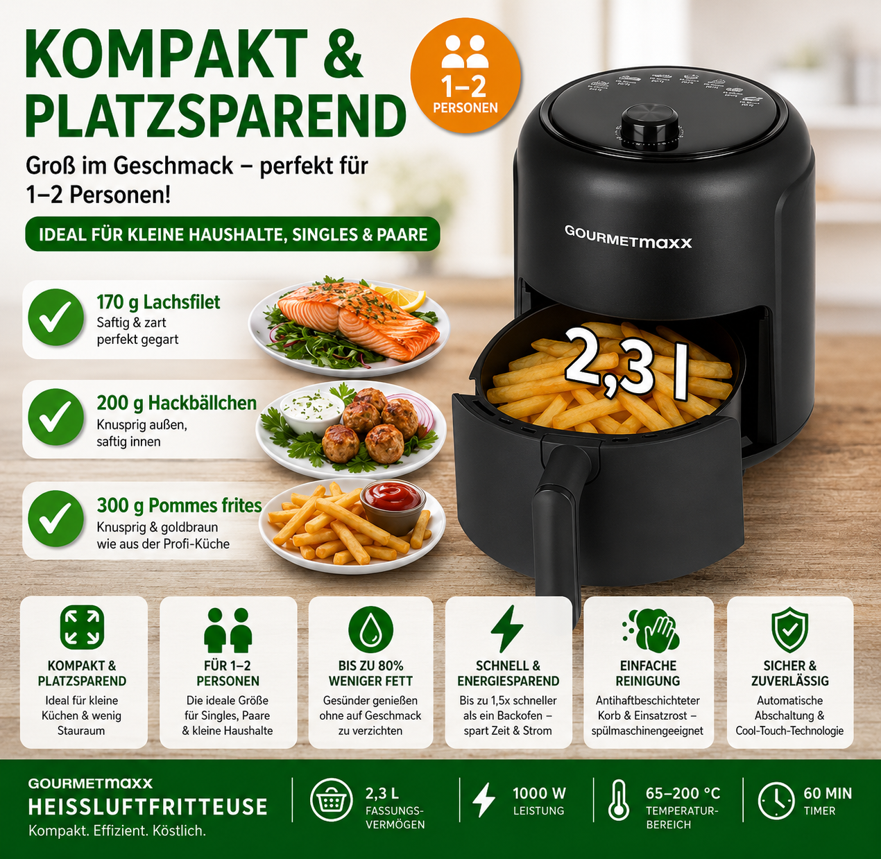 Gourmetmaxx Heissluft-FritteuseGOURMETmaxx Heißluftfritteuse 2,3L 1000W Air Fryer