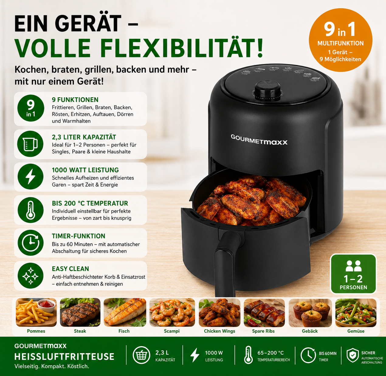 Gourmetmaxx Heissluft-FritteuseGOURMETmaxx Heißluftfritteuse 2,3L 1000W Air Fryer
