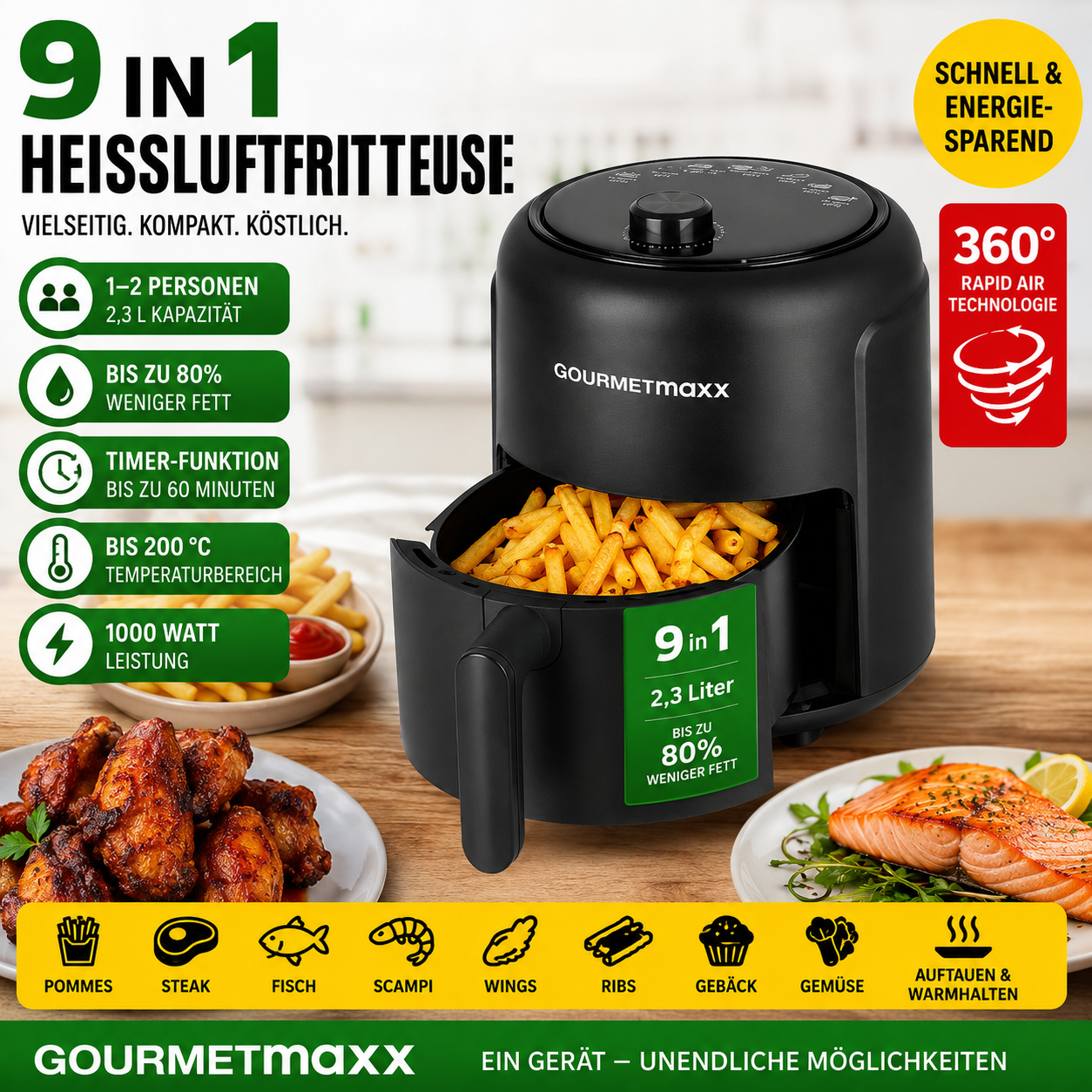 Gourmetmaxx Heissluft-FritteuseGOURMETmaxx Heißluftfritteuse 2,3L 1000W Air Fryer