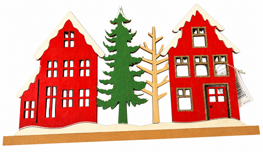 Weihnachtsdeko aus Holz zwei Häuser mit Baum