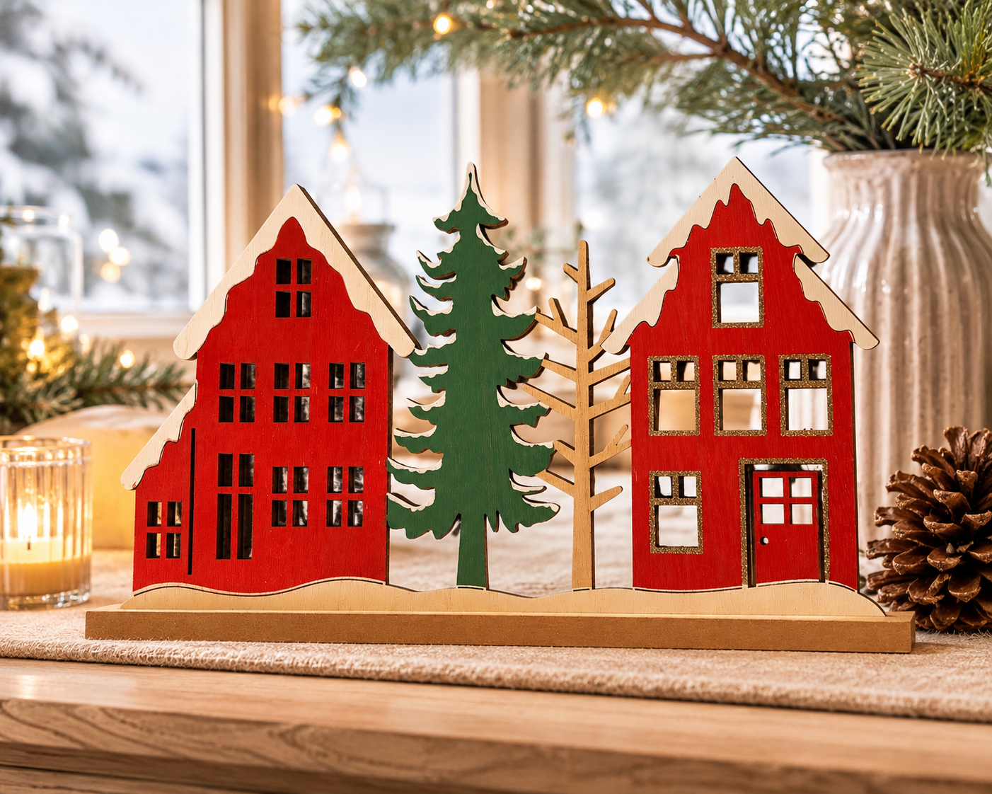 Weihnachtsdeko aus Holz zwei Häuser mit Baum