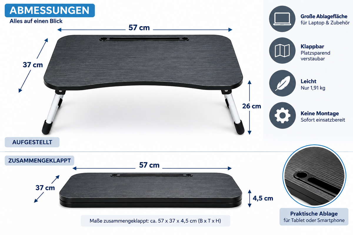 Relaxdays Laptoptisch Klappbar Betttisch Notebooktisch Laptopständer Grau