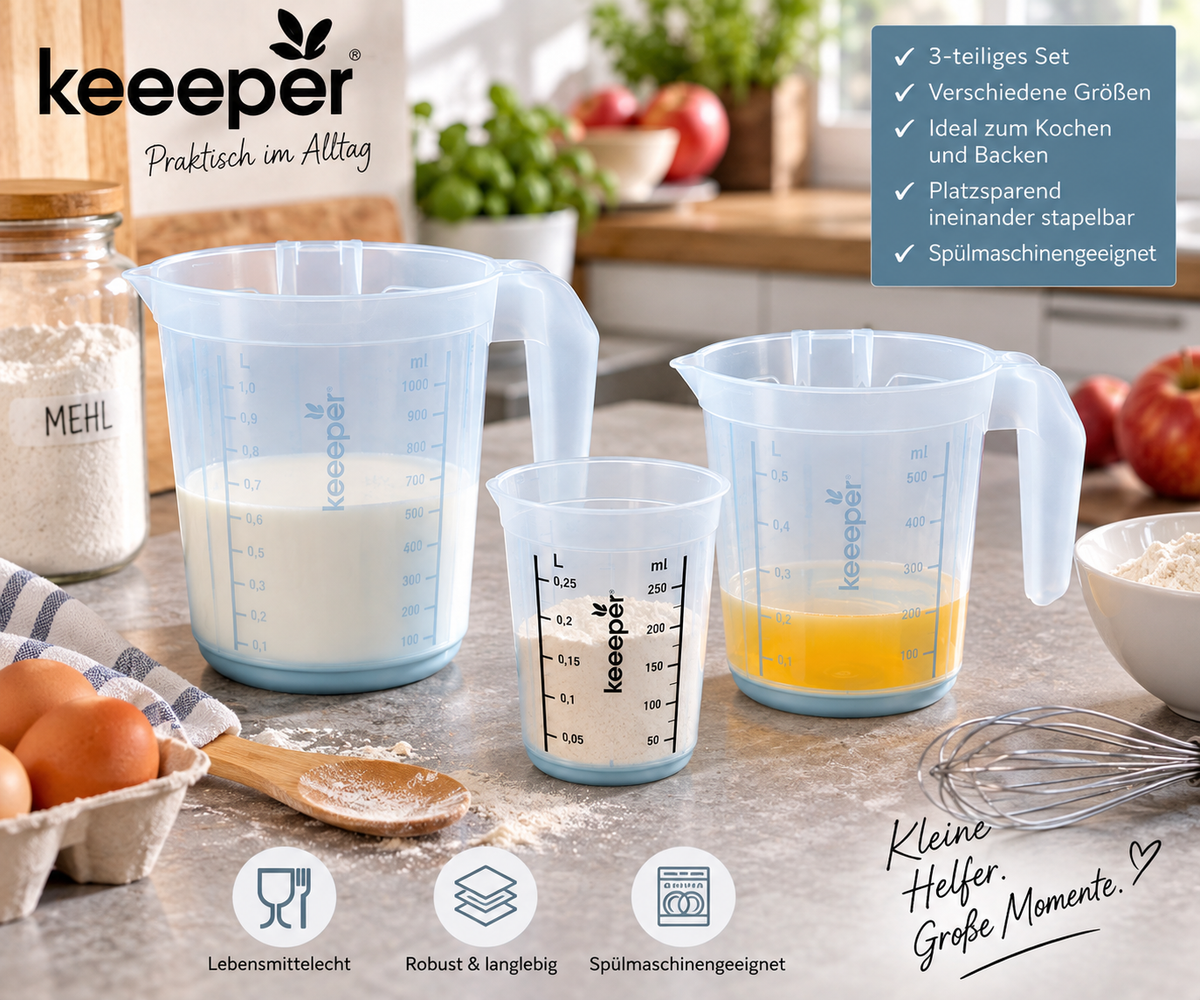 keeeper Messbecher Set 3-tlg 1L 500ml 250ml Messkanne Küche Backen