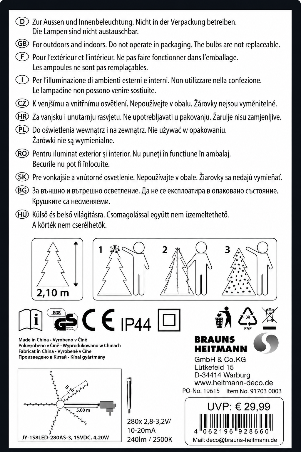 LED Weihnachtsbaumbeleuchtung 280 LED Warmweiß 2,10m IP44 8 Funktionen Innen Außen