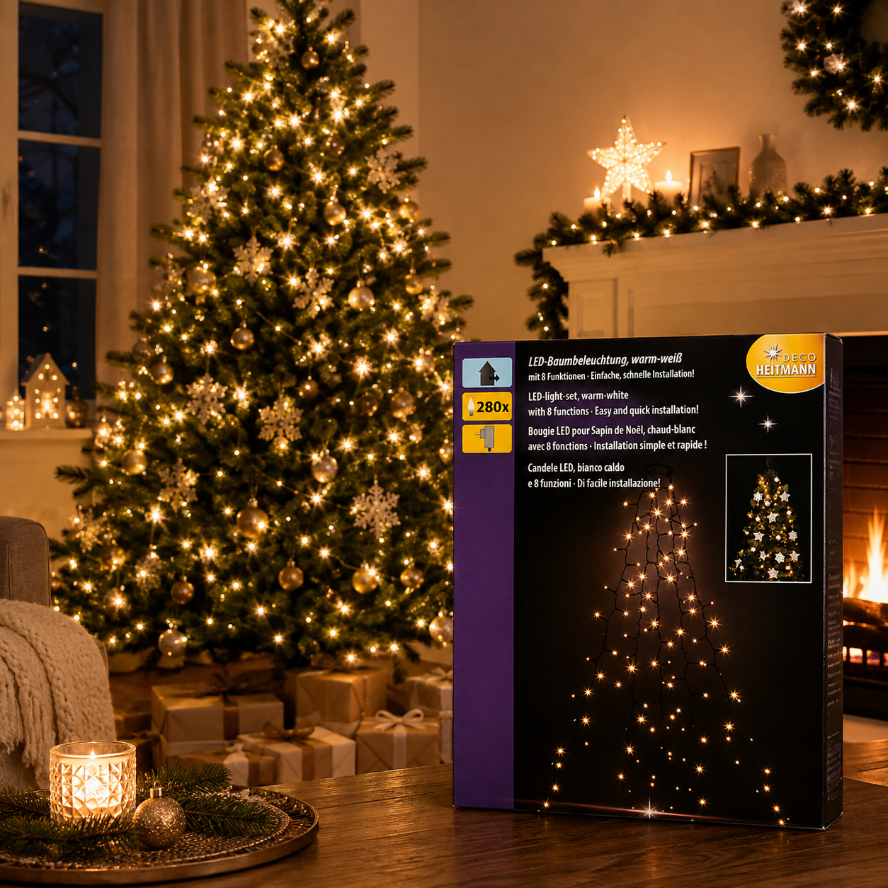 LED Weihnachtsbaumbeleuchtung 280 LED Warmweiß 2,10m IP44 8 Funktionen Innen Außen