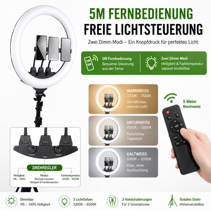 22 Zoll LED Ringlicht 65W Stativ Fernbedienung 3200-5600K 3 Handyhalter TikTok