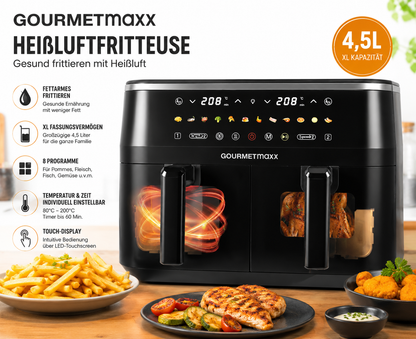 GOURMETmaxx Heißluftfritteuse XXL 9L 3100W Doppelkorb 2x4,5L Schwarz