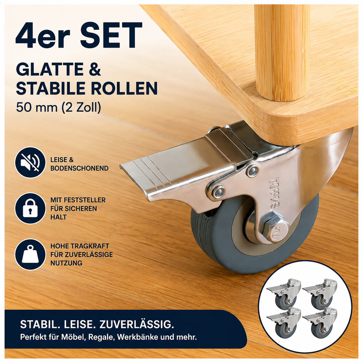 H&S 4x Schwerlastrollen 50mm Lenkrollen Möbelrollen 200kg 2x Bremse