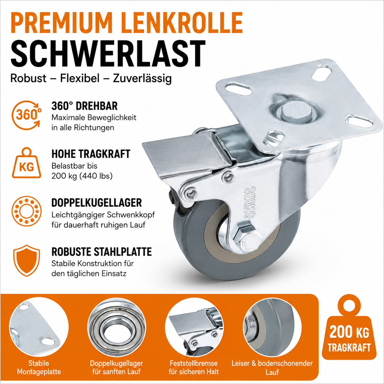 H&S 4x Schwerlastrollen 50mm Lenkrollen Möbelrollen 200kg 2x Bremse