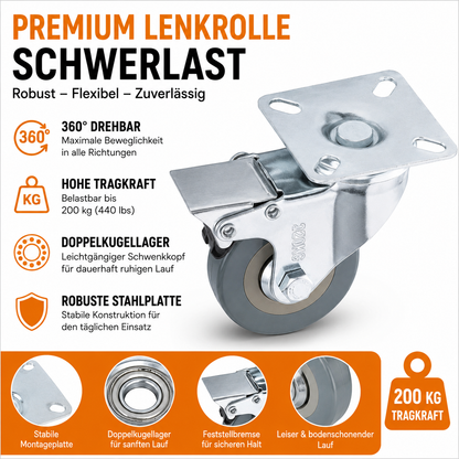 H&S 4x Schwerlastrollen 50mm Lenkrollen Möbelrollen 200kg 2x Bremse