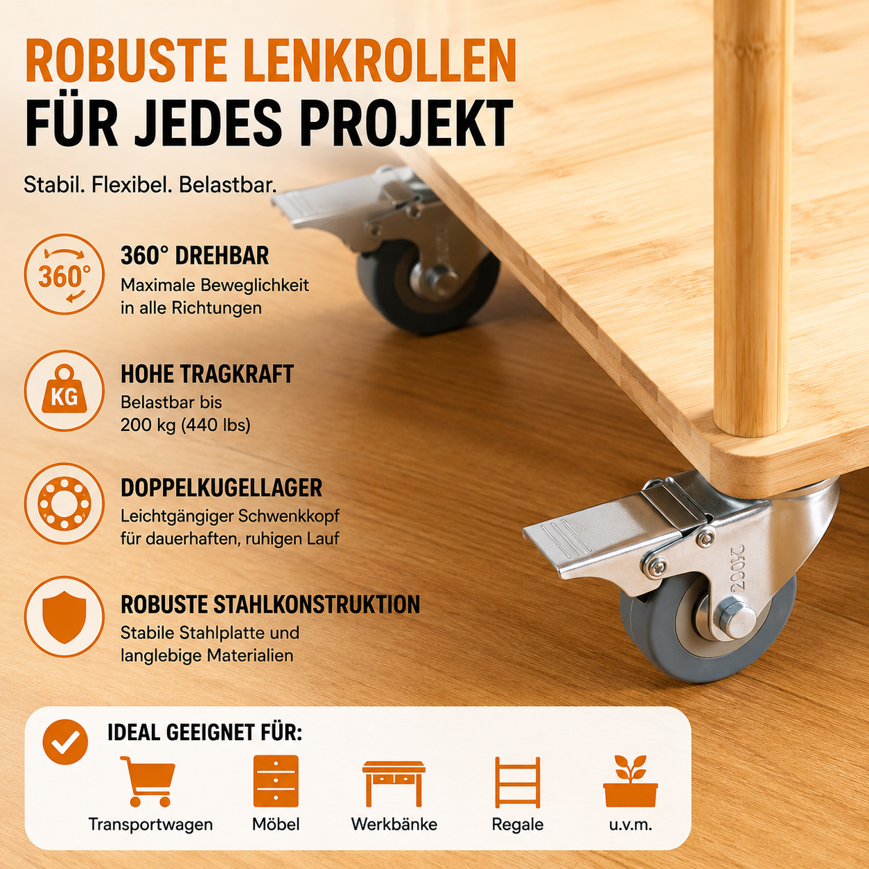 H&S 4x Schwerlastrollen 50mm Lenkrollen Möbelrollen 200kg 2x Bremse