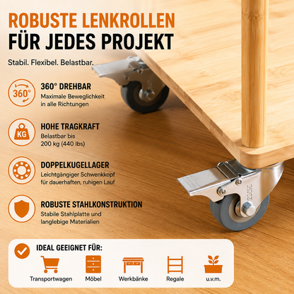 H&S 4x Schwerlastrollen 50mm Lenkrollen Möbelrollen 200kg 2x Bremse