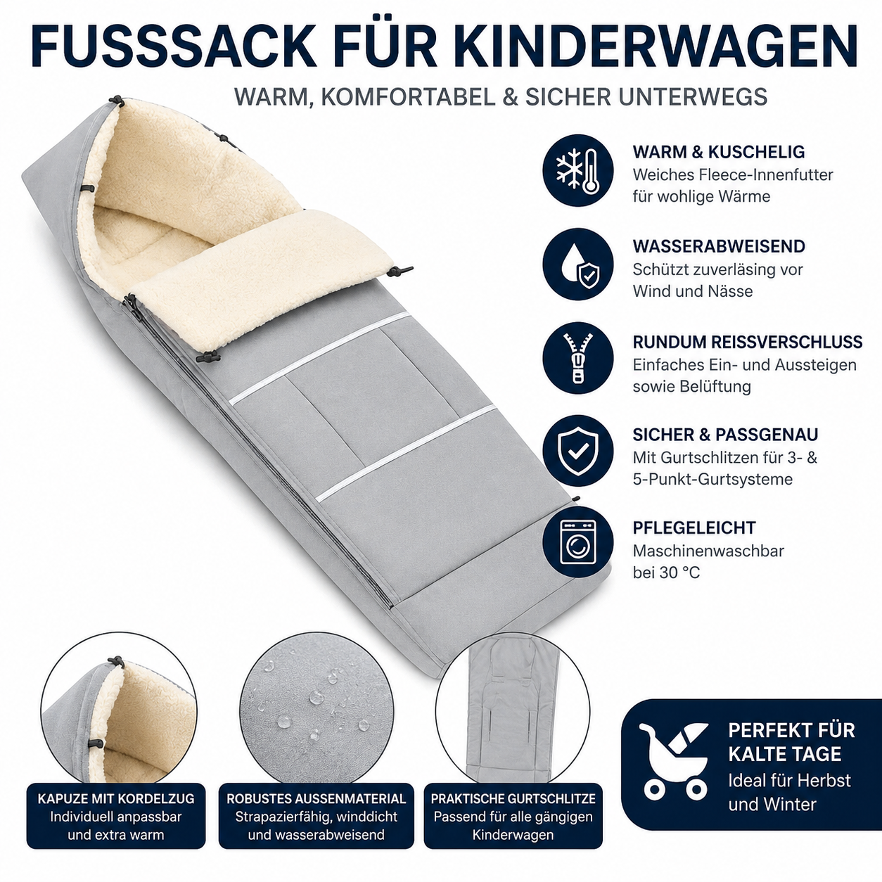 Navaris Winter Fußsack Kinderwagen Buggy 120x45cm Hellgrau Warm Polyester