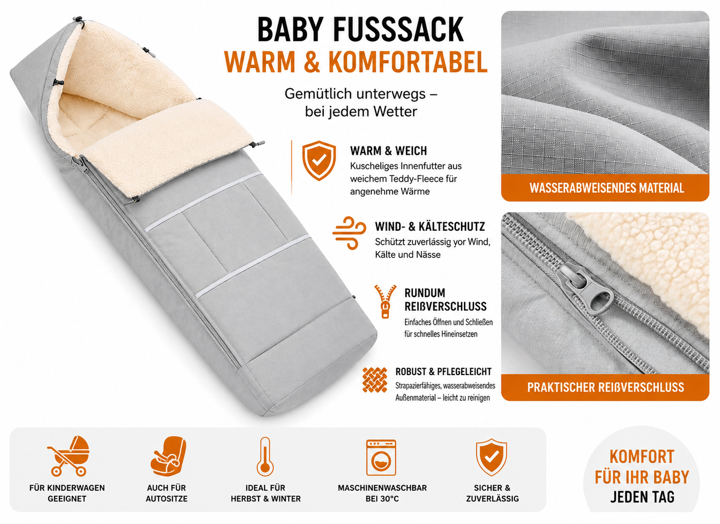 Navaris Winter Fußsack Kinderwagen Buggy 120x45cm Hellgrau Warm Polyester