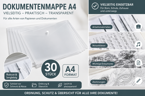 30x Dokumententasche A4 Transparent Druckknopfmappe Kunststoff Aktenmappe