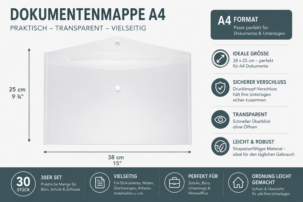 30x Dokumententasche A4 Transparent Druckknopfmappe Kunststoff Aktenmappe