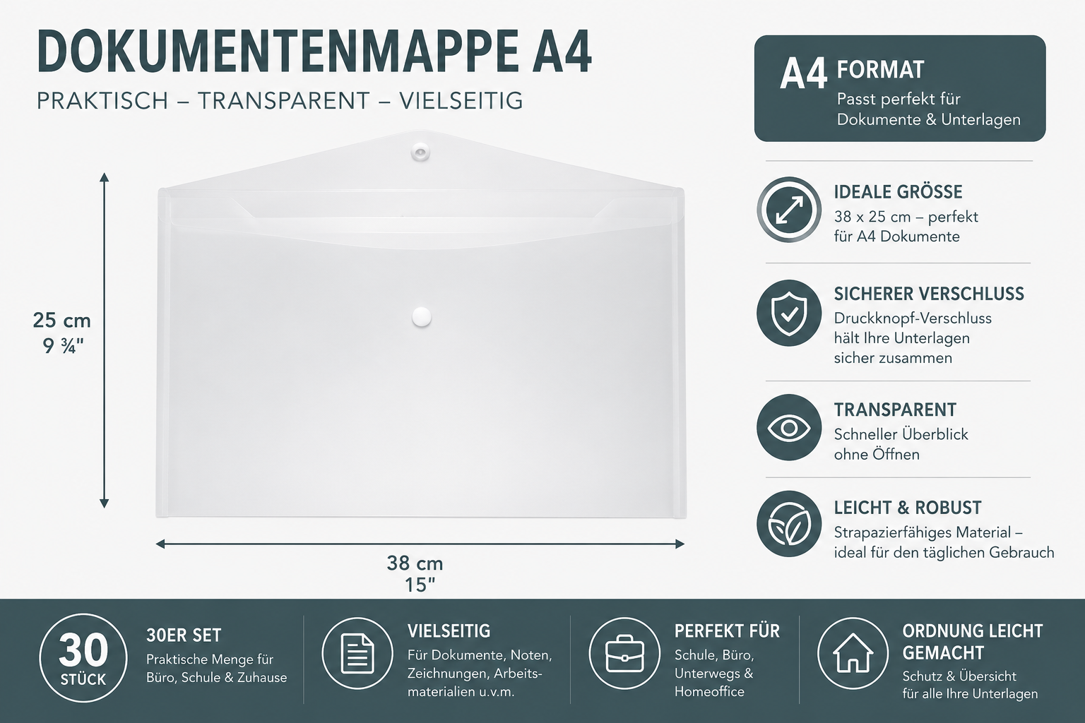 30x Dokumententasche A4 Transparent Druckknopfmappe Kunststoff Aktenmappe