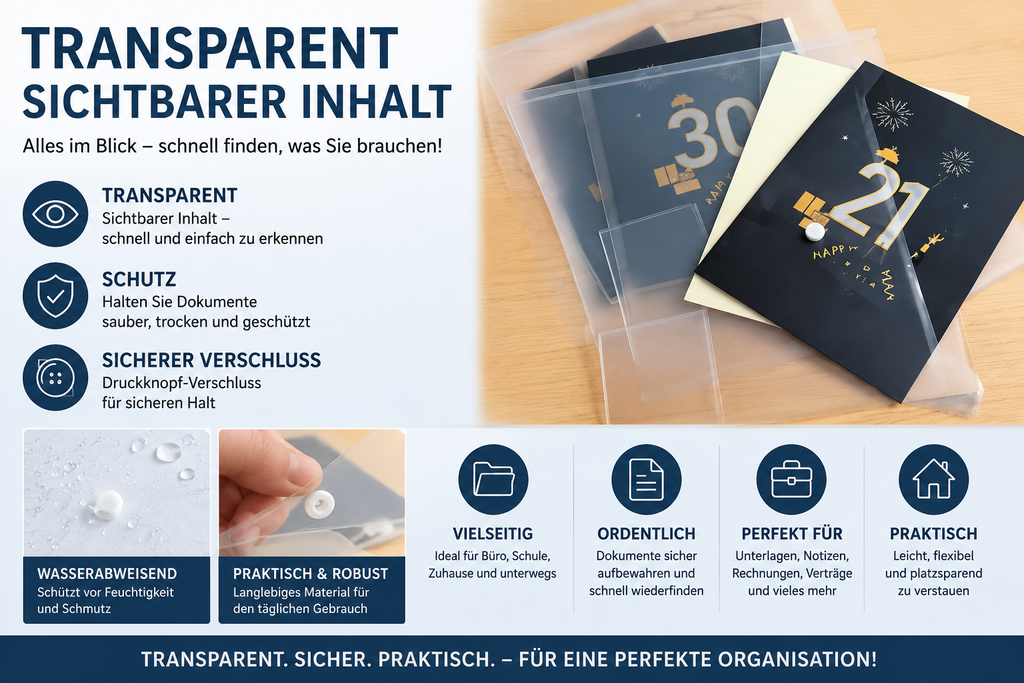 30x Dokumententasche A4 Transparent Druckknopfmappe Kunststoff Aktenmappe