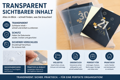 30x Dokumententasche A4 Transparent Druckknopfmappe Kunststoff Aktenmappe