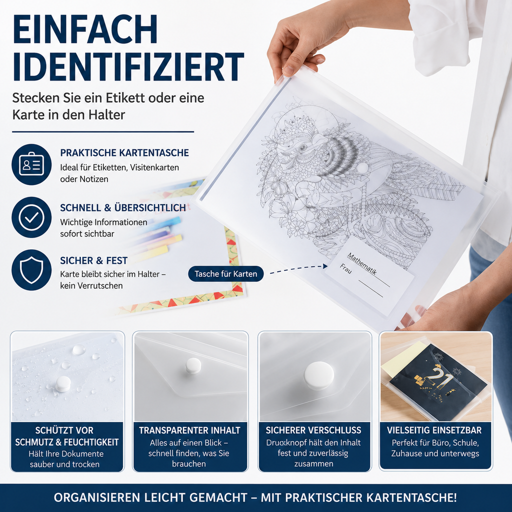30x Dokumententasche A4 Transparent Druckknopfmappe Kunststoff Aktenmappe