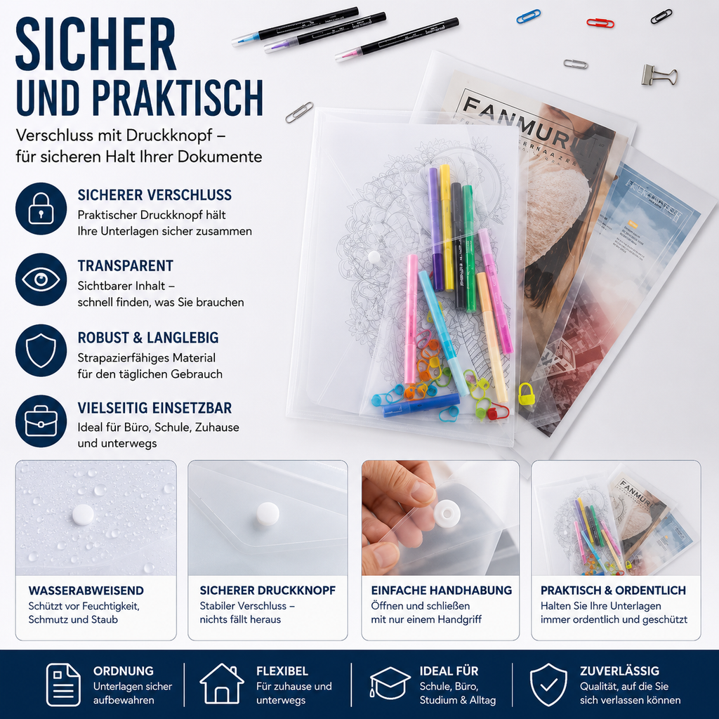 30x Dokumententasche A4 Transparent Druckknopfmappe Kunststoff Aktenmappe