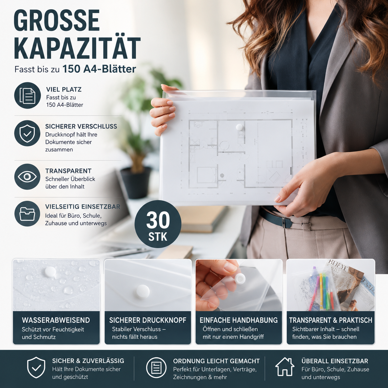 30x Dokumententasche A4 Transparent Druckknopfmappe Kunststoff Aktenmappe
