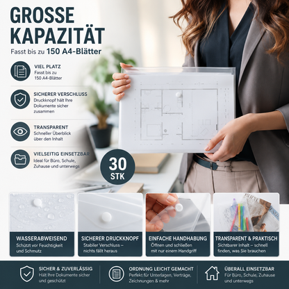 30x Dokumententasche A4 Transparent Druckknopfmappe Kunststoff Aktenmappe